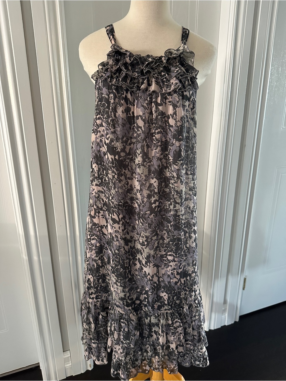 Vero Moda Pink and Gray Printed Ruffle-Trim Midi Skirt